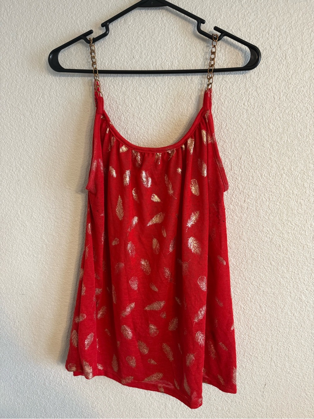 Rouge! Red Tank Top with Gold Feather Print and Chain Straps